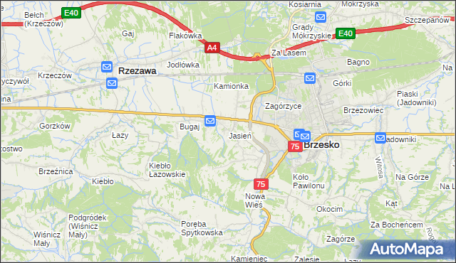 mapa Jasień gmina Brzesko, Jasień gmina Brzesko na mapie Targeo