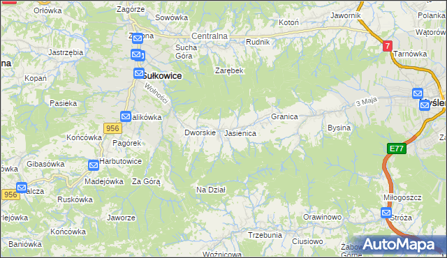 mapa Jasienica gmina Myślenice, Jasienica gmina Myślenice na mapie Targeo