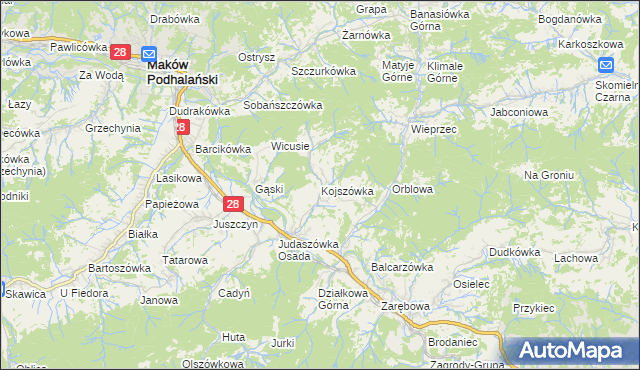 mapa Kojszówka, Kojszówka na mapie Targeo