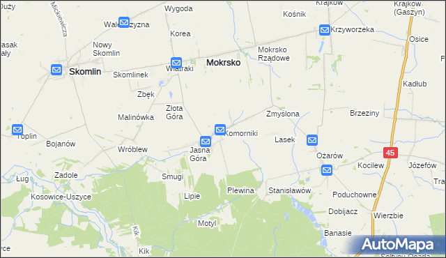 mapa Komorniki gmina Mokrsko, Komorniki gmina Mokrsko na mapie Targeo