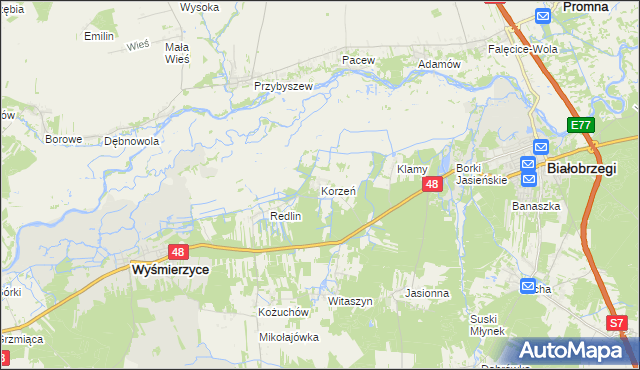 mapa Korzeń gmina Wyśmierzyce, Korzeń gmina Wyśmierzyce na mapie Targeo