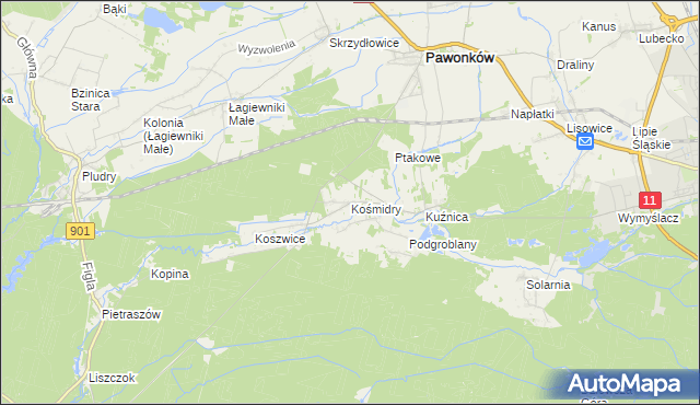 mapa Kośmidry gmina Pawonków, Kośmidry gmina Pawonków na mapie Targeo