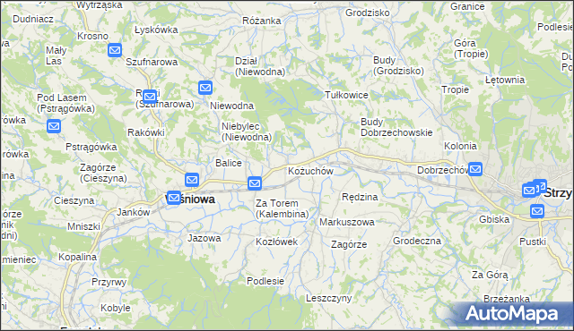 mapa Kożuchów gmina Wiśniowa, Kożuchów gmina Wiśniowa na mapie Targeo