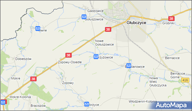 mapa Krzyżowice gmina Głubczyce, Krzyżowice gmina Głubczyce na mapie Targeo