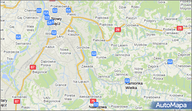 mapa Kunów gmina Chełmiec, Kunów gmina Chełmiec na mapie Targeo