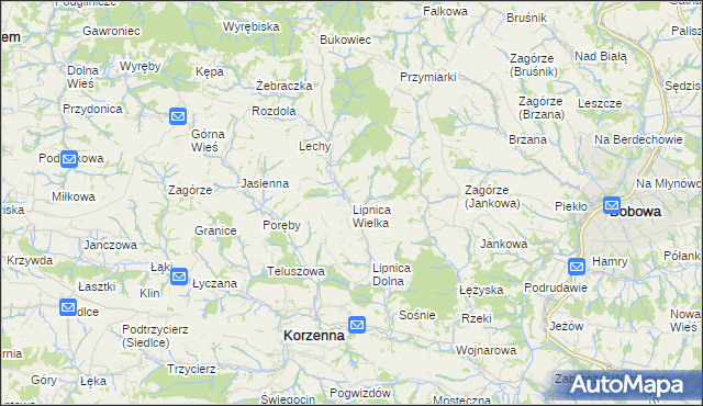 mapa Lipnica Wielka gmina Korzenna, Lipnica Wielka gmina Korzenna na mapie Targeo