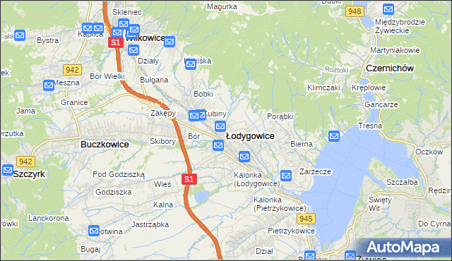 mapa Łodygowice powiat żywiecki, Łodygowice powiat żywiecki na mapie Targeo
