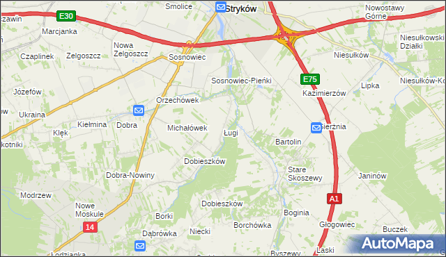 mapa Ługi gmina Stryków, Ługi gmina Stryków na mapie Targeo