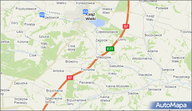 mapa Małoszów gmina Książ Wielki, Małoszów gmina Książ Wielki na mapie Targeo