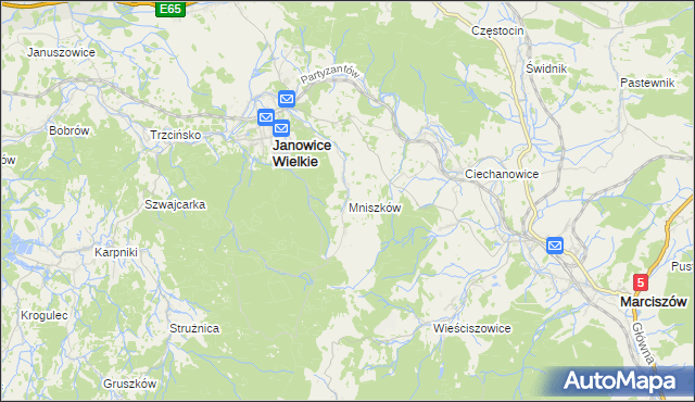 mapa Mniszków gmina Janowice Wielkie, Mniszków gmina Janowice Wielkie na mapie Targeo