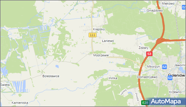 mapa Modrzewie gmina Goleniów, Modrzewie gmina Goleniów na mapie Targeo