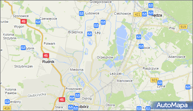 mapa Orzeszków gmina Nędza, Orzeszków gmina Nędza na mapie Targeo