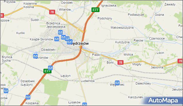 mapa Piaski gmina Jędrzejów, Piaski gmina Jędrzejów na mapie Targeo