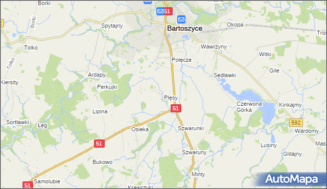 mapa Plęsy gmina Bartoszyce, Plęsy gmina Bartoszyce na mapie Targeo