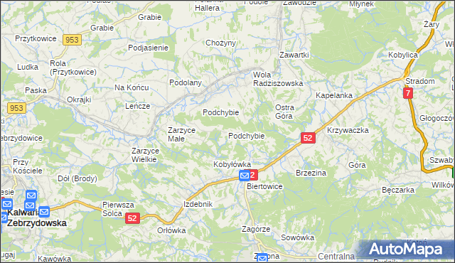 mapa Podchybie gmina Lanckorona, Podchybie gmina Lanckorona na mapie Targeo