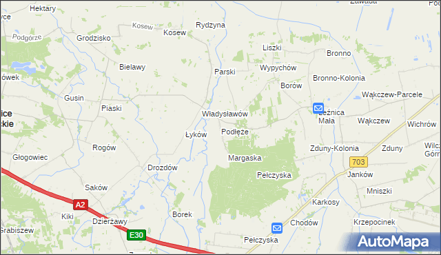 mapa Podłęże gmina Świnice Warckie, Podłęże gmina Świnice Warckie na mapie Targeo