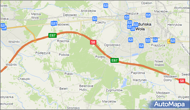 mapa Poręby gmina Zduńska Wola, Poręby gmina Zduńska Wola na mapie Targeo