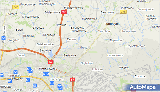 mapa Prusy gmina Kocmyrzów-Luborzyca, Prusy gmina Kocmyrzów-Luborzyca na mapie Targeo