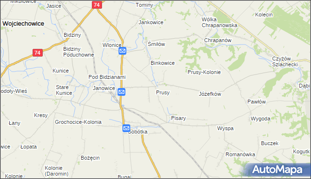 mapa Prusy gmina Ożarów, Prusy gmina Ożarów na mapie Targeo