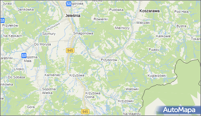mapa Przyborów gmina Jeleśnia, Przyborów gmina Jeleśnia na mapie Targeo
