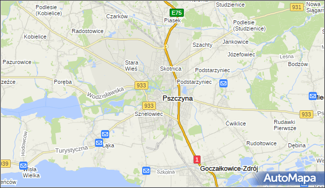 mapa Pszczyny, Pszczyna na mapie Targeo