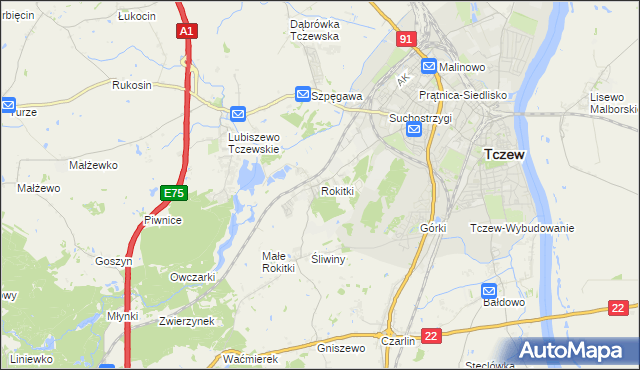 mapa Rokitki gmina Tczew, Rokitki gmina Tczew na mapie Targeo