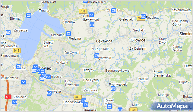 mapa Rychwałd gmina Gilowice, Rychwałd gmina Gilowice na mapie Targeo