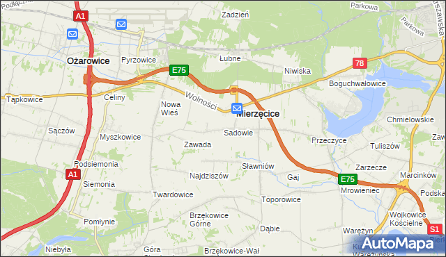 mapa Sadowie gmina Mierzęcice, Sadowie gmina Mierzęcice na mapie Targeo