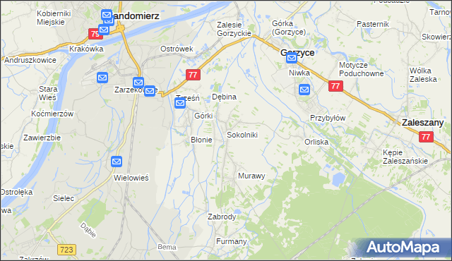 mapa Sokolniki gmina Gorzyce, Sokolniki gmina Gorzyce na mapie Targeo