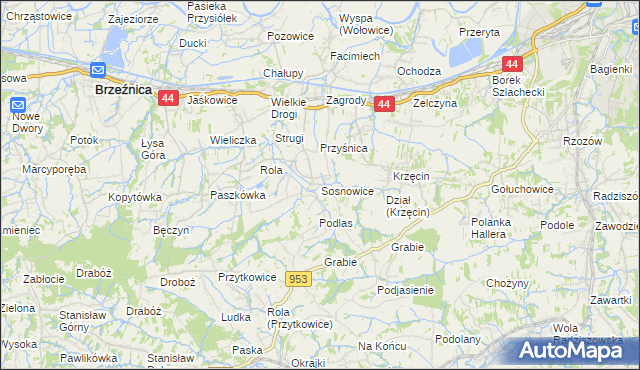 mapa Sosnowice gmina Brzeźnica, Sosnowice gmina Brzeźnica na mapie Targeo