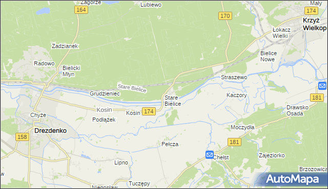 mapa Stare Bielice gmina Drezdenko, Stare Bielice gmina Drezdenko na mapie Targeo