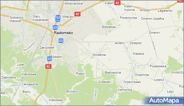 mapa Strzałków gmina Radomsko, Strzałków gmina Radomsko na mapie Targeo