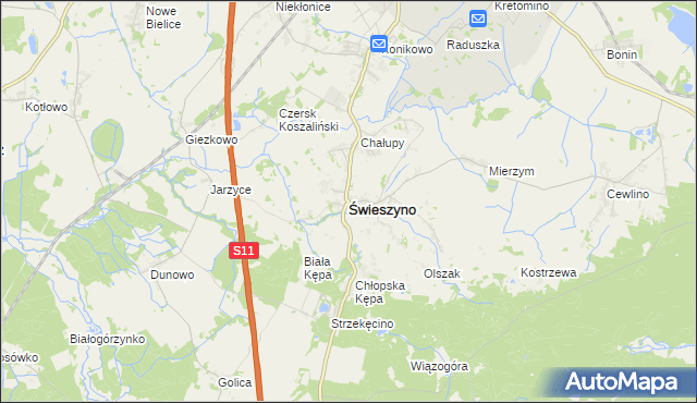 mapa Świeszyno powiat koszaliński, Świeszyno powiat koszaliński na mapie Targeo
