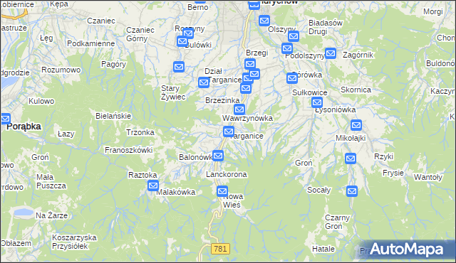 mapa Targanice, Targanice na mapie Targeo