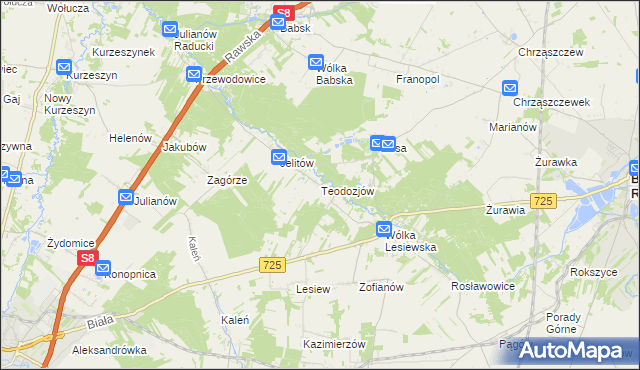 mapa Teodozjów gmina Biała Rawska, Teodozjów gmina Biała Rawska na mapie Targeo