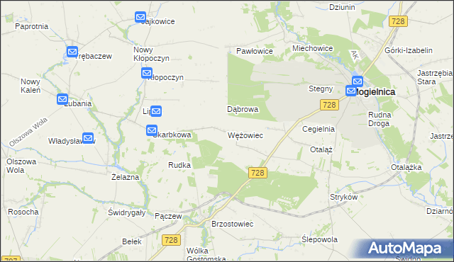 mapa Wężowiec gmina Mogielnica, Wężowiec gmina Mogielnica na mapie Targeo