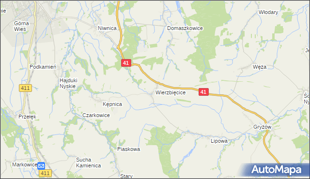 mapa Wierzbięcice gmina Nysa, Wierzbięcice gmina Nysa na mapie Targeo