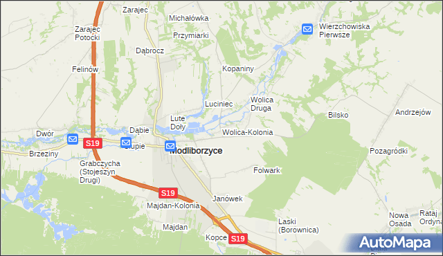 mapa Wolica-Kolonia gmina Modliborzyce, Wolica-Kolonia gmina Modliborzyce na mapie Targeo