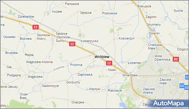 mapa Wróblew powiat sieradzki, Wróblew powiat sieradzki na mapie Targeo