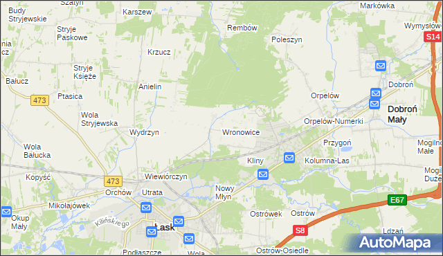 mapa Wronowice gmina Łask, Wronowice gmina Łask na mapie Targeo
