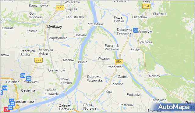 mapa Wrzawy gmina Gorzyce, Wrzawy gmina Gorzyce na mapie Targeo