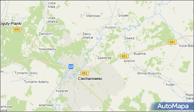 mapa Zadobrze gmina Ciechanowiec, Zadobrze gmina Ciechanowiec na mapie Targeo