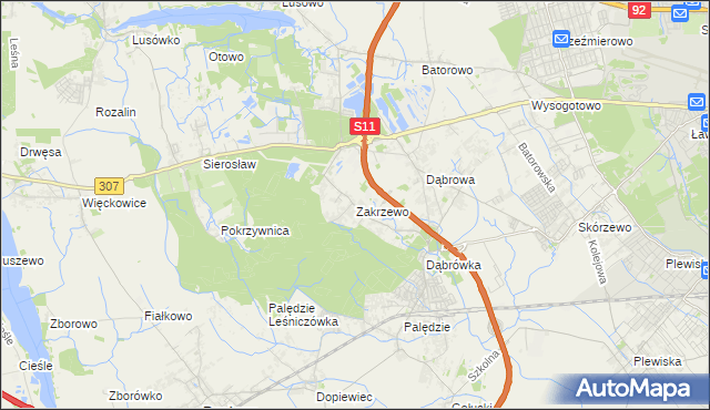 mapa Zakrzewo gmina Dopiewo, Zakrzewo gmina Dopiewo na mapie Targeo