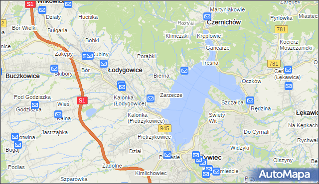 mapa Zarzecze gmina Łodygowice, Zarzecze gmina Łodygowice na mapie Targeo