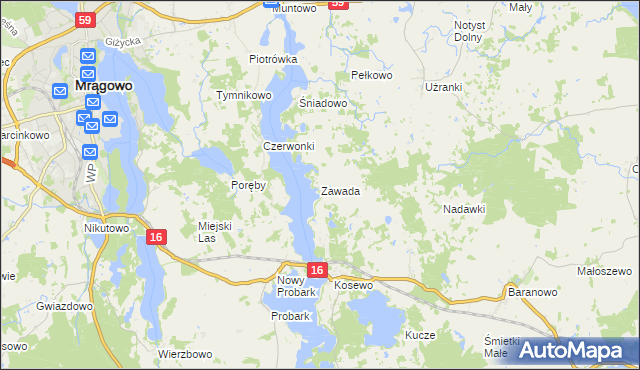 mapa Zawada gmina Mrągowo, Zawada gmina Mrągowo na mapie Targeo