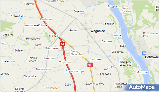 mapa Zbrachlin gmina Waganiec, Zbrachlin gmina Waganiec na mapie Targeo