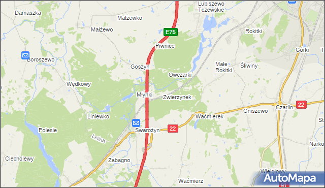 mapa Zwierzynek gmina Tczew, Zwierzynek gmina Tczew na mapie Targeo