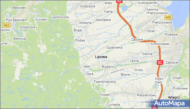 mapa Lipowa powiat żywiecki, Lipowa powiat żywiecki na mapie Targeo