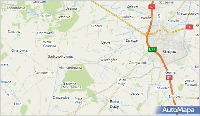 mapa Wilczogóra gmina Belsk Duży, Wilczogóra gmina Belsk Duży na mapie Targeo