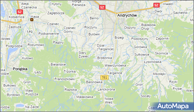 mapa Brzezinka gmina Andrychów, Brzezinka gmina Andrychów na mapie Targeo